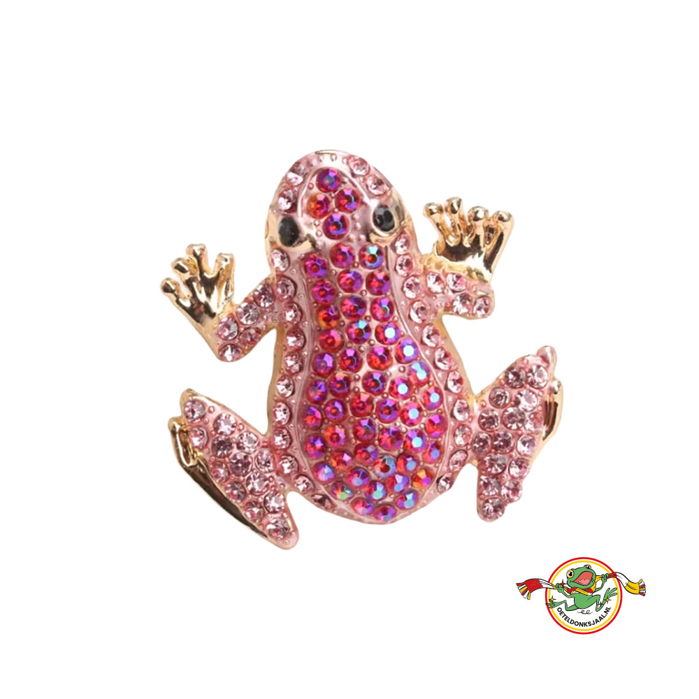 Oeteldonk Kikker Broche groot roze met steentjes